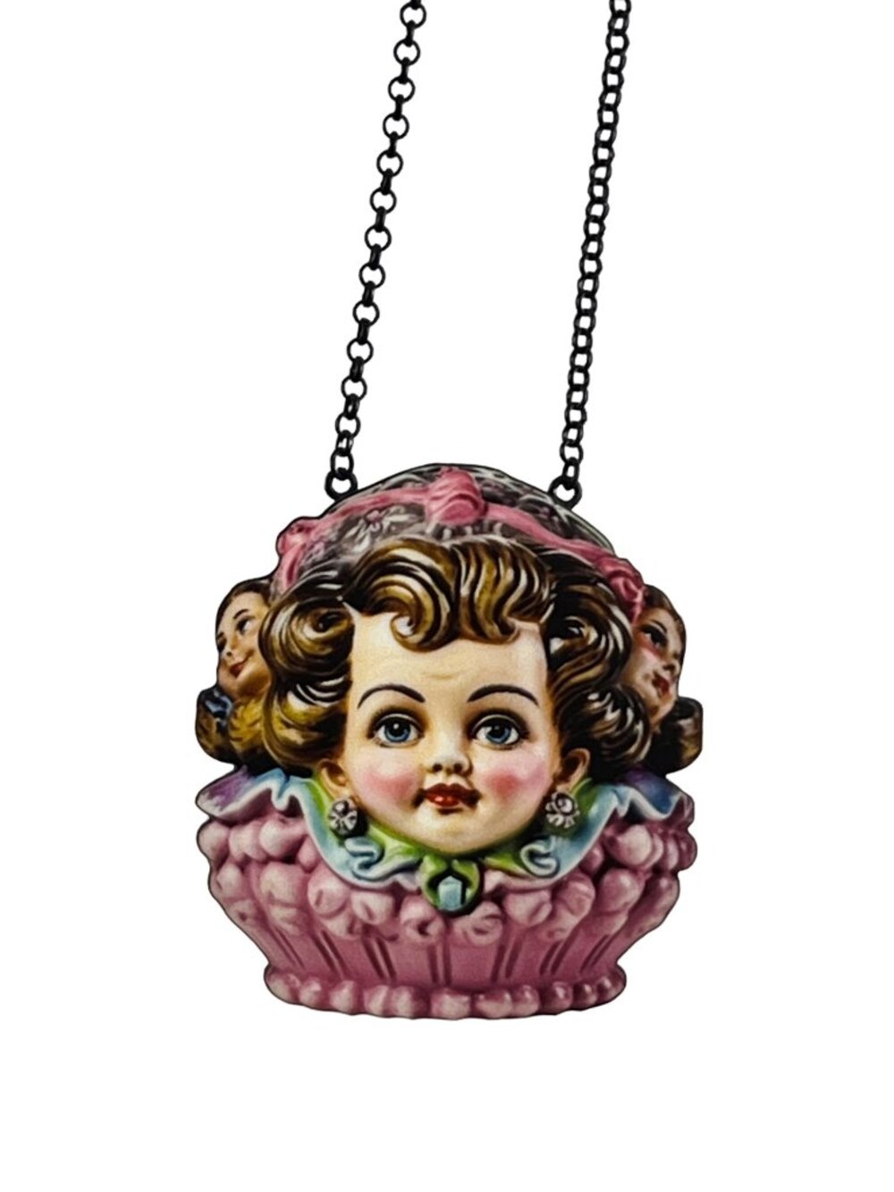 Vintage Inspired Victorian Cherub Doll Necklace — Black Chain
